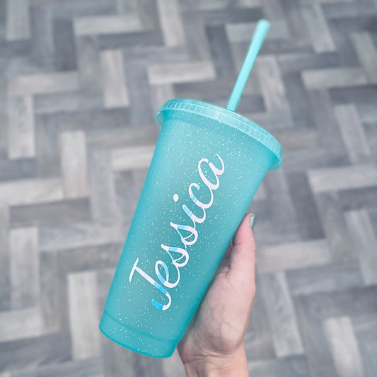 Personalised green glitter tumbler with straw