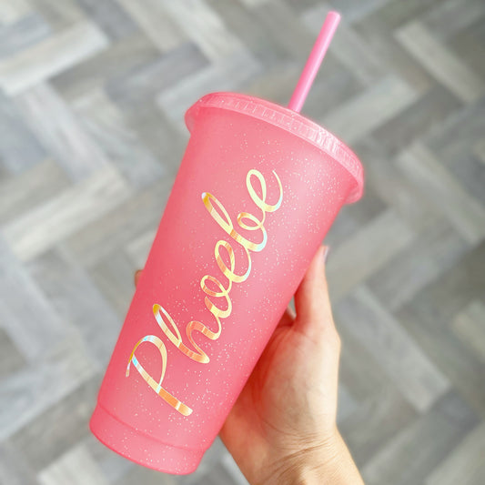 Personalised Peach glitter tumbler with straw