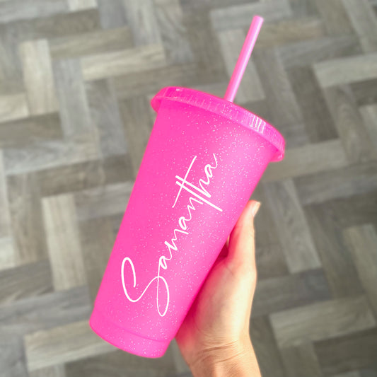 Personalised Pink glitter tumbler with straw